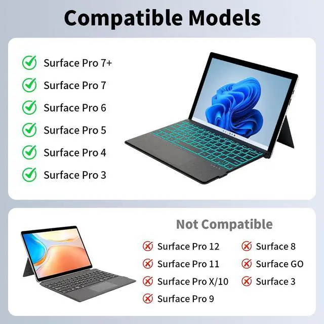 Alt view image 2 of 7 - Microsoft Surface Pro Keyboard for 7+/7/6/5/4/3, 12.3" Wireless Bluetooth Type Cover with 7-Color Backlit, Ultra-Slim Design, Multi-Touch Trackpad, Rechargeable Battery, (Black)
