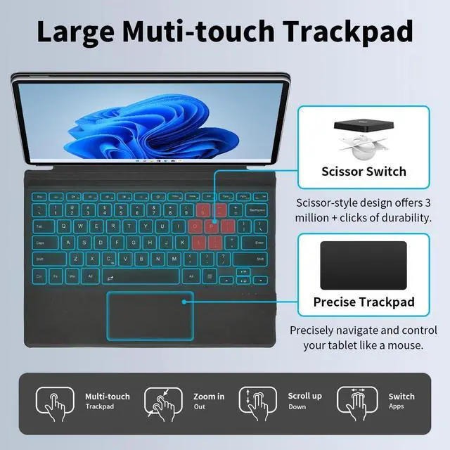 Alt view image 4 of 7 - Microsoft Surface Pro Keyboard for 7+/7/6/5/4/3, 12.3" Wireless Bluetooth Type Cover with 7-Color Backlit, Ultra-Slim Design, Multi-Touch Trackpad, Rechargeable Battery, (Black)