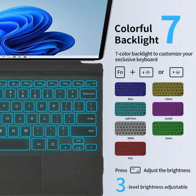 Alt view image 7 of 7 - Microsoft Surface Pro Keyboard for 7+/7/6/5/4/3, 12.3" Wireless Bluetooth Type Cover with 7-Color Backlit, Ultra-Slim Design, Multi-Touch Trackpad, Rechargeable Battery, (Black)