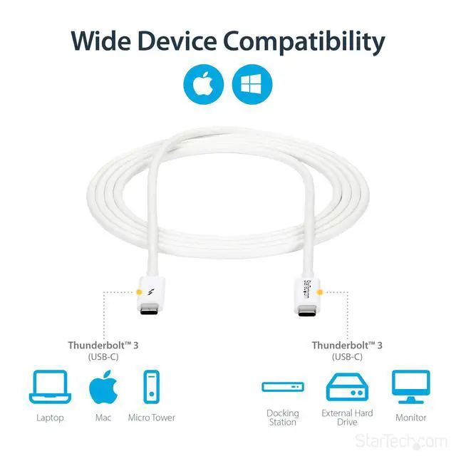 Alt view image 5 of 6 - 6.6ft (2m) Passive Thunderbolt 3 Cable, 20Gbps, 100W PD, 4K Video, Thunderbolt Cable, Compatible with USB4/DP Alt Mode, Thunderbolt 4, USB 3.2/Type-C (TBLT3MM2MW)