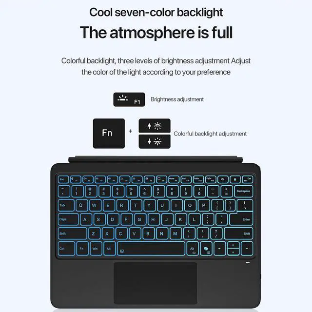 Alt view image 6 of 7 - Detachable Bluetooth Keyboard for Microsoft Surface Pro 12 inch 2025 7-Color Backlit Wireless Keyboard with Touchpad, 14 Shortcut Keys, 30H Battery Magnetic & Slim Design, Black