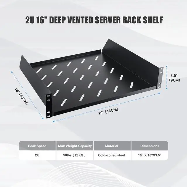 Alt view image 2 of 6 - 2U Server Rack Shelf, 16" Mounting Depth, Vented Rack Mount Shelf Cantilever Tray for 19" Equipment Racks and Cabinet, Weight Capacity 50lb, Black, 2PCS