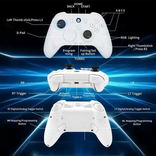 Alt view image 4 of 7 - HD151-S Wireless Game Controller with 7 Colors LED Lighting Compatible with Xbox One S/X, Xbox Series S/X, with 2.4G Wireless Adapter, 3.5mm Audio Jack Gaming Gamepad, Turbo/Programmable