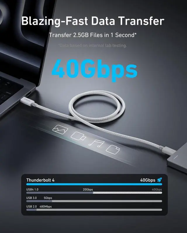 Alt view image 3 of 7 - Prime Thunderbolt 4 Cable, 3.3 ft USB C to USB C Cable, 240W Charging, 40Gbps Data Transfer, Supports 8K/4K Displays, for iPhone 16 Series, MacBook Air, iPad, Samsung (Thunderbolt 4-Certified)