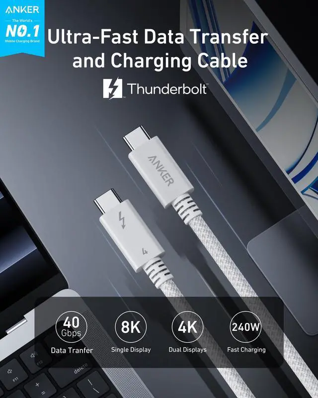 Alt view image 2 of 7 - Prime Thunderbolt 4 Cable, 3.3 ft USB C to USB C Cable, 240W Charging, 40Gbps Data Transfer, Supports 8K/4K Displays, for iPhone 16 Series, MacBook Air, iPad, Samsung (Thunderbolt 4-Certified)