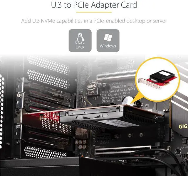 Alt view image 2 of 6 - U.3 to PCIe Adapter Card - PCIe 4.0 x4 Adapter for 2.5" U.3 NVMe SSDs - SFF-TA-1001 PCI Express Add-in Card - TAA Compliant (PEX4SFF8639U3)