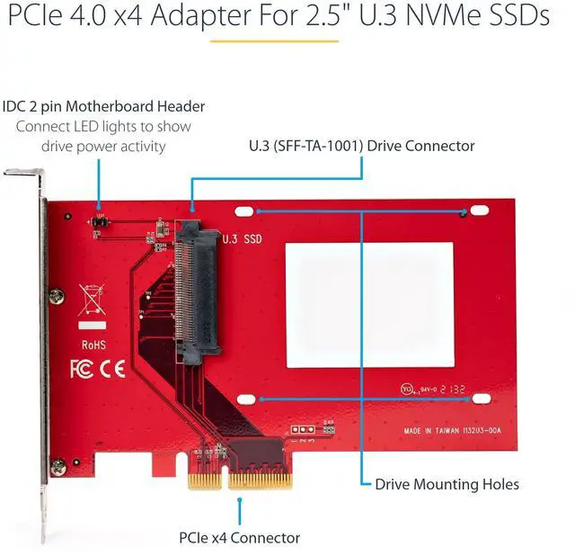 Alt view image 3 of 6 - U.3 to PCIe Adapter Card - PCIe 4.0 x4 Adapter for 2.5" U.3 NVMe SSDs - SFF-TA-1001 PCI Express Add-in Card - TAA Compliant (PEX4SFF8639U3)