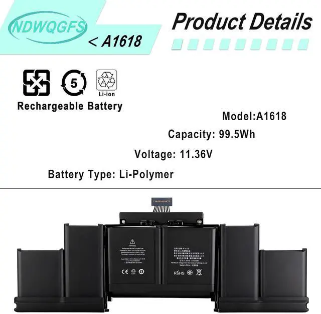Alt view image 2 of 7 - A1398 A1618 Laptop Battery Replacement for MacBook Pro 15 inch Retina Late 2013 Mid 2014 Mid 2015 Early 2015 Compatible with A1494 Models, 11.36V 99.5Wh