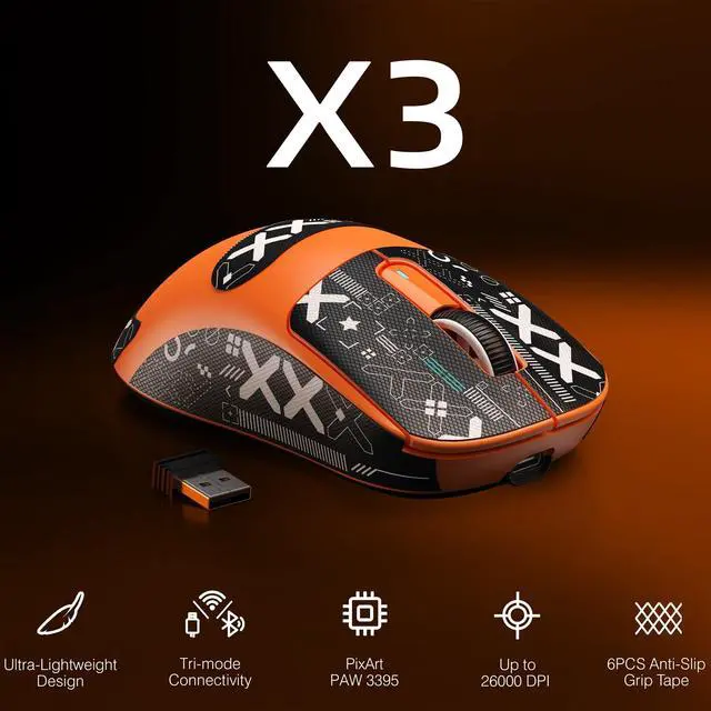Alt view image 2 of 7 - Attack Shark X3 Wireless Gaming Mouse, 49g Triple Mode Ergonomic Computer Mouse, PAW3395 26K DPI Sensor, 200h Battery Life, Griptape, Programmable Buttons for PC/Laptop/Mac (Orange)