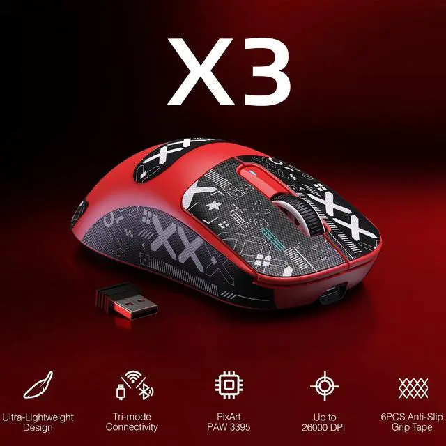 Alt view image 2 of 7 - ATTACK SHARK X3 Wireless Gaming Mouse, 49g Bluetooth/2.4G/USB-C Ergonomic Computer Mouse, PAW3395 26K DPI Sensor, 200h Battery Life, Programmable Buttons Griptape, Gaming Accessories for PC/Laptop/Mac