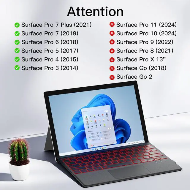 Alt view image 2 of 7 - Magnetic Bluetooth Keyboard for Surface Pro 7+/7 Plus/7/6/5/4/3 - 7-Color Backlit Wireless Type Cover with Multi-Gesture Touchpad, Ultra-Slim Rechargeable Battery,12.3 Inch Tablet Keyboard (Dark Gray)