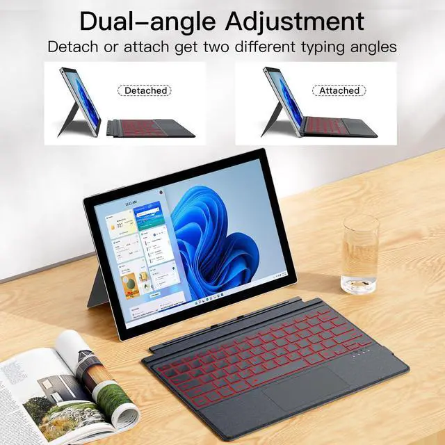Alt view image 4 of 7 - Magnetic Bluetooth Keyboard for Surface Pro 7+/7 Plus/7/6/5/4/3 - 7-Color Backlit Wireless Type Cover with Multi-Gesture Touchpad, Ultra-Slim Rechargeable Battery,12.3 Inch Tablet Keyboard (Dark Gray)