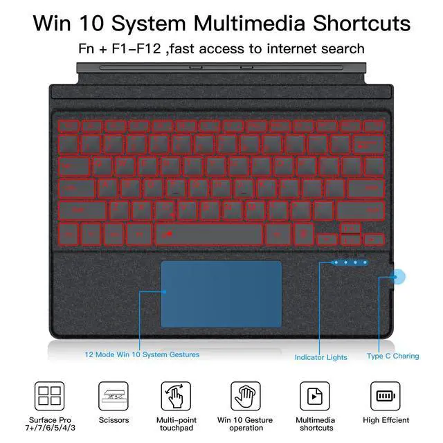 Alt view image 6 of 7 - Magnetic Bluetooth Keyboard for Surface Pro 7+/7 Plus/7/6/5/4/3 - 7-Color Backlit Wireless Type Cover with Multi-Gesture Touchpad, Ultra-Slim Rechargeable Battery,12.3 Inch Tablet Keyboard (Dark Gray)
