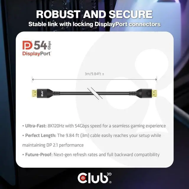 Alt view image 7 of 7 - DisplayPort 2.1 DP54 VESA Certified Cable 8K120Hz 3m/9.84ft