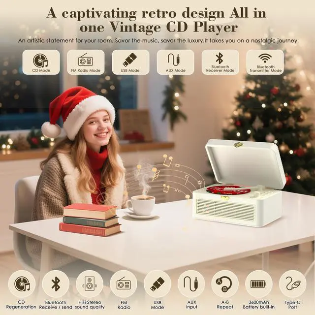 Alt view image 2 of 7 - CD Player Portable Bluetooth: Kegaudio CD Players for Home with Speakers 3600mAh Rechargeable & Radio & Remote Control PU Leather Vintage CD-Player Support USB/AUX Playback Headphone Jack