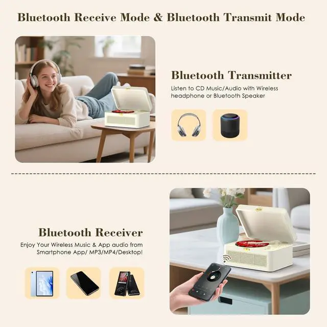 Alt view image 3 of 7 - CD Player Portable Bluetooth: Kegaudio CD Players for Home with Speakers 3600mAh Rechargeable & Radio & Remote Control PU Leather Vintage CD-Player Support USB/AUX Playback Headphone Jack