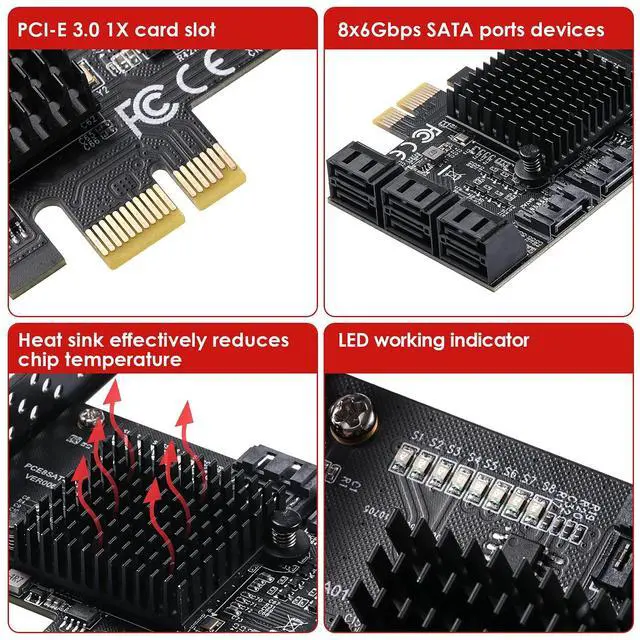 Alt view image 2 of 7 - PCIe 8-Port SATA Card with 8 Cables and Low Profile Bracket, 6Gbps SATA 3.0 PCIe Card