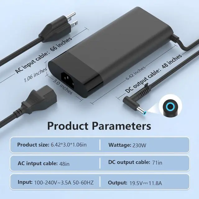 Alt view image 6 of 7 - 230W 19.5V 11.8A Charger Compatible with HP Omen 15 16 Victus 16 Gaming Laptop M41303-001 M35733-001 TPN-DA10 TPN-LA21 Power Supply AC Adapter
