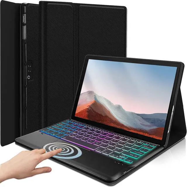 Main image of Backlit Touchpad Keyboard Case for Microsoft Surface Pro 7 Plus, 6, 5, 4 - 12.3 Inch Tablet, 3-Zone Wireless Keyboard With Slim Stand Cover
