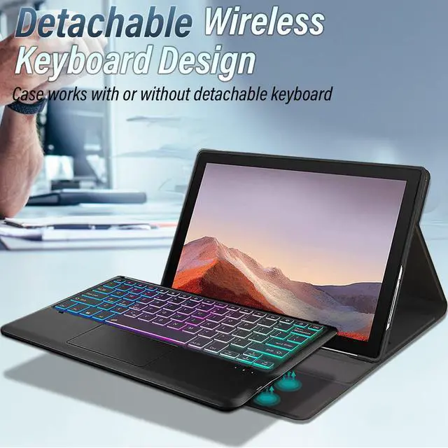 Alt view image 3 of 7 - Backlit Touchpad Keyboard Case for Microsoft Surface Pro 7 Plus, 6, 5, 4 - 12.3 Inch Tablet, 3-Zone Wireless Keyboard With Slim Stand Cover