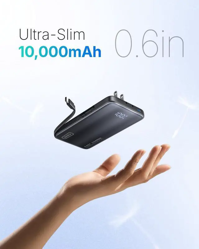 Alt view image 2 of 7 - Portable Charger, Ultra Slim & Small 45W Fast Charging Power Bank, 10000mAh GaN Battery Pack with Built-in AC Wall Plug, Flight-Safe Travel 3-in-1 Powerbank, for iPhone 17 16, Samsung, Tablet etc