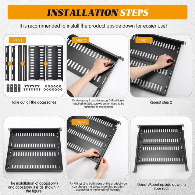 Alt view image 2 of 7 - 1U Server Rack Shelf, 4-Post Adjustable Ventilated Rack Mount Tray, 19 Inch Universal Shelf with 16''-31" Adjustable Depth for Network Equipment Server Cabinet, Black