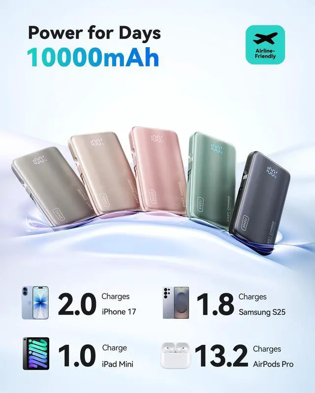 Alt view image 6 of 7 - Portable Charger, Ultra Slim & Small 45W Fast Charging Power Bank, 10000mAh GaN Battery Pack with Built-in AC Wall Plug, Flight-Safe Travel 3-in-1 Powerbank, for iPhone 17 16, Samsung, Tablet etc