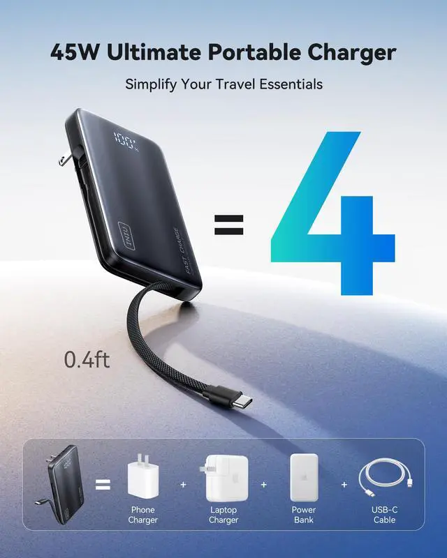 Alt view image 5 of 7 - Portable Charger, Ultra Slim & Small 45W Fast Charging Power Bank, 10000mAh GaN Battery Pack with Built-in AC Wall Plug, Flight-Safe Travel 3-in-1 Powerbank, for iPhone 17 16, Samsung, Tablet etc