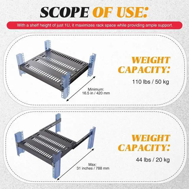 Alt view image 5 of 7 - 1U Server Rack Shelf, 4-Post Adjustable Ventilated Rack Mount Tray, 19 Inch Universal Shelf with 16''-31" Adjustable Depth for Network Equipment Server Cabinet, Black