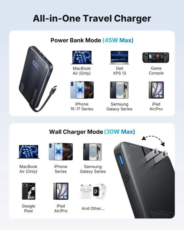 Alt view image 7 of 7 - Portable Charger, Ultra Slim & Small 45W Fast Charging Power Bank, 10000mAh GaN Battery Pack with Built-in AC Wall Plug, Flight-Safe Travel 3-in-1 Powerbank, for iPhone 17 16, Samsung, Tablet etc