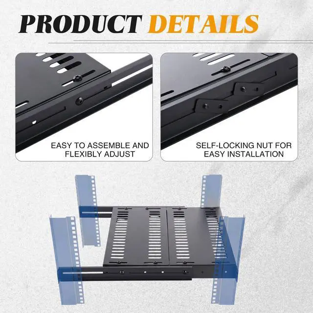 Alt view image 6 of 7 - 1U Server Rack Shelf, 4-Post Adjustable Ventilated Rack Mount Tray, 19 Inch Universal Shelf with 16''-31" Adjustable Depth for Network Equipment Server Cabinet, Black