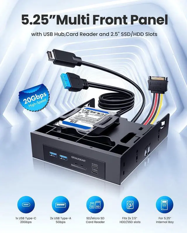 Alt view image 2 of 7 - 5.25 Front Panel USB Hub, Internal SD/microSD Card Reader for Desktop PC, Gen2x2 20Gbps USB-C Port, Dual 2.5" SSD/HDD Slots, USB3.2 Type-E Key-A & USB3.0 19-Pin Header