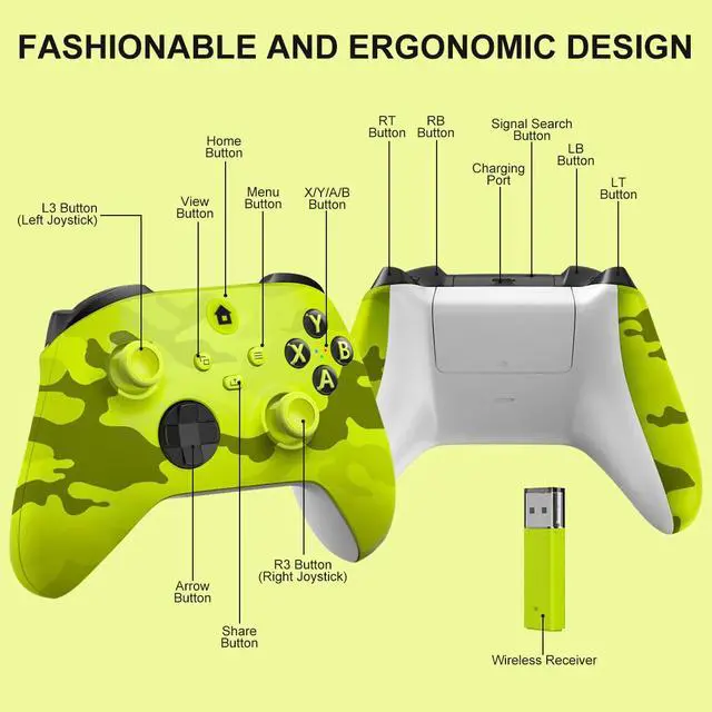 Alt view image 7 of 7 - Xbox One Controller,Xbox Controller Wireless for Xbox One, Xbox Series X/S,Wireless Controller with 3.5mm Audio Jack,with 2.4GHz Wireless Adapter,Camo Yellow