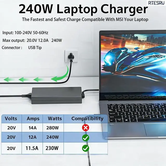 Alt view image 4 of 7 - Laptop Charger 230W 240W USB Tip Fit for MSI Stealth A16 16 17 GS77 CreatorPro Z17 Z16 HX Raider GE66 GE76 Leopard GP66 GP76 A20-240P2A ADP-230GB D Power Supply Adaptery