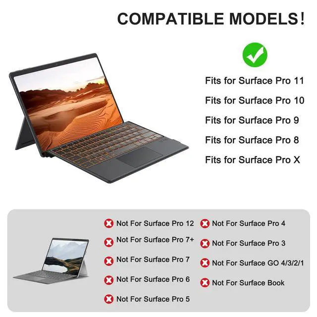 Alt view image 2 of 7 - Bluetooth Keyboard for Microsoft Surface Pro 11/10/9/8/X (13") - Charging Via Type-C Cable(Included), 7-Color Backlit, Trackpad, Pencil Slot, Bluetooth Manual Pairing Type Cover Keyboard