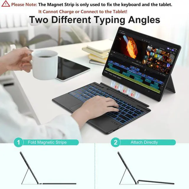 Alt view image 5 of 7 - Bluetooth Keyboard for Microsoft Surface Pro 11/10/9/8/X (13") - Charging Via Type-C Cable(Included), 7-Color Backlit, Trackpad, Pencil Slot, Bluetooth Manual Pairing Type Cover Keyboard