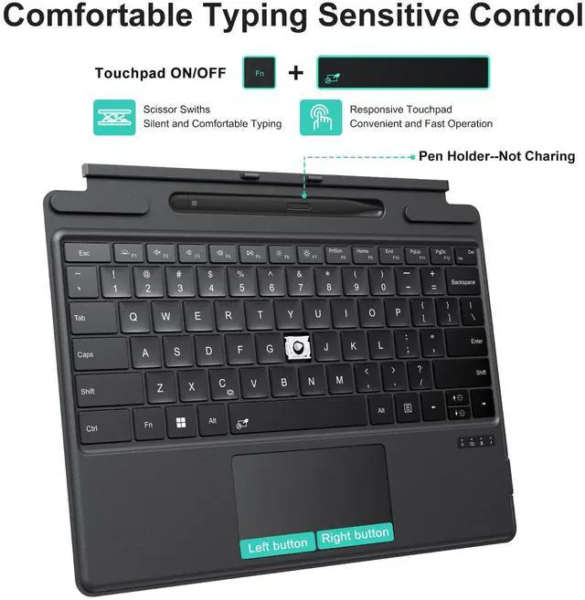 Alt view image 6 of 7 - Bluetooth Keyboard for Microsoft Surface Pro 11/10/9/8/X (13") - Charging Via Type-C Cable(Included), 7-Color Backlit, Trackpad, Pencil Slot, Bluetooth Manual Pairing Type Cover Keyboard