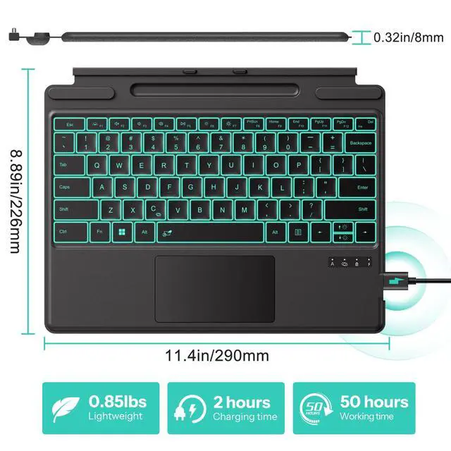 Alt view image 7 of 7 - Bluetooth Keyboard for Microsoft Surface Pro 11/10/9/8/X (13") - Charging Via Type-C Cable(Included), 7-Color Backlit, Trackpad, Pencil Slot, Bluetooth Manual Pairing Type Cover Keyboard