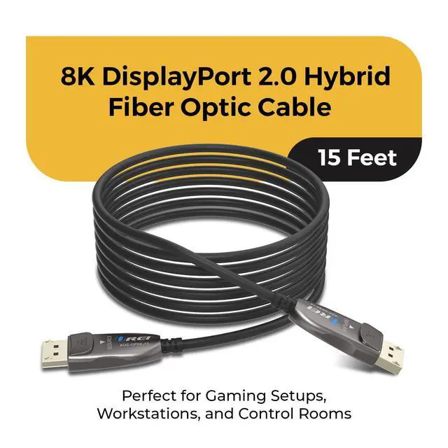 Alt view image 2 of 7 - 8K DisplayPort 2.0 Active Optical Cable 15ft, 54Gbps UHBR13.5, 8K@60/30Hz, 4K@144Hz, HDR10+, Dolby Vision, VRR, EMI-Free, Gold-Plated, PVC Cable (AOC-DP8K-15)