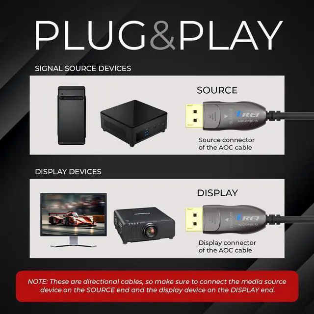 Alt view image 3 of 7 - 8K DisplayPort 2.0 Active Optical Cable 15ft, 54Gbps UHBR13.5, 8K@60/30Hz, 4K@144Hz, HDR10+, Dolby Vision, VRR, EMI-Free, Gold-Plated, PVC Cable (AOC-DP8K-15)