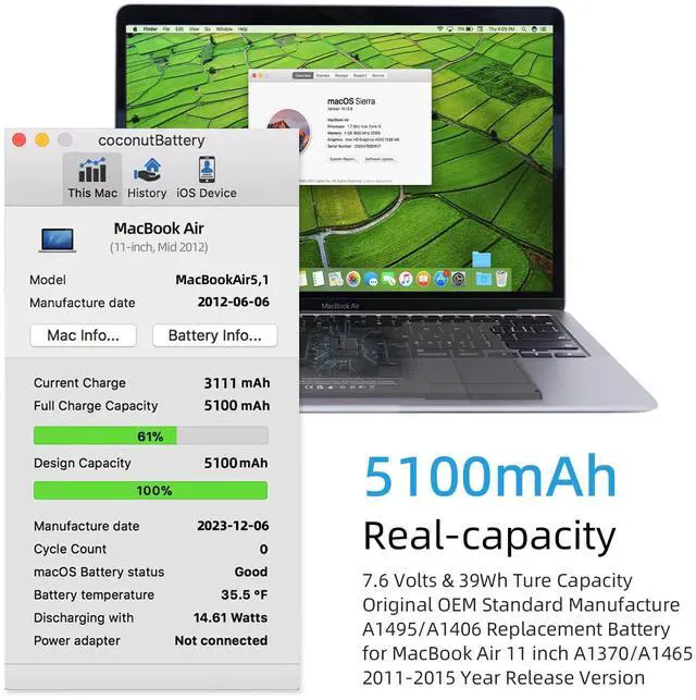 Alt view image 2 of 7 - A1465 Battery Replacement, A1406 Battery for MacBook Air 11 Inch Early 2015, Early 2014, Mid 2013, Mid 2012, Mid 2011 Model A1370 A1495 Capacity 7.6V 39W 5100mAh