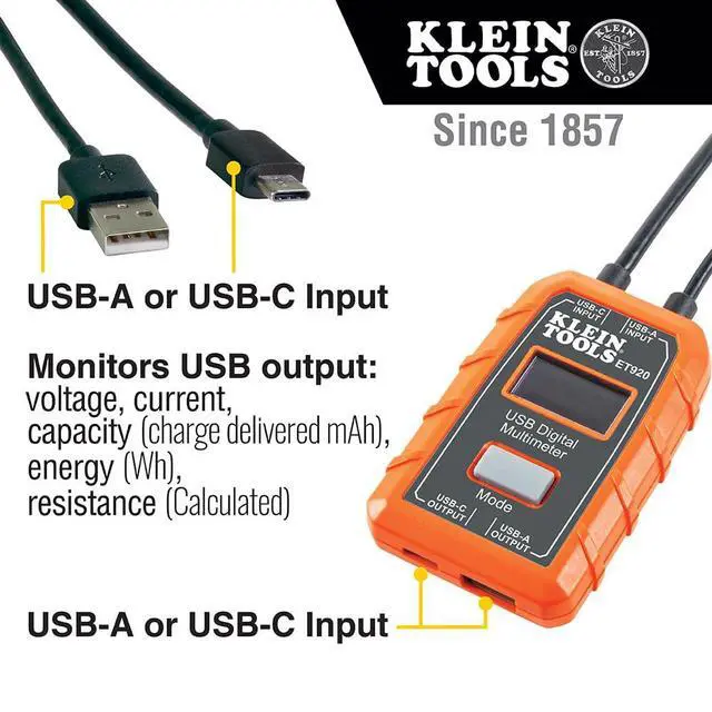 Alt view image 2 of 7 - ET920 USB Power Meter, USB-A and USB-C Digital Meter for Voltage, Current, Capacity, Energy and Resistance