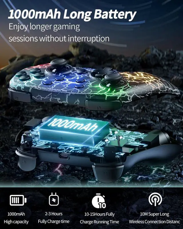Alt view image 4 of 7 - Compatible with Switch/Switch Lite/OLED/PC, 1000mAh Switch Pro Controller with 9 Color LED, Programmable, Multi-Vibration & Multi-Axis Gyro, Motion, Turbo, Share, Screenshot