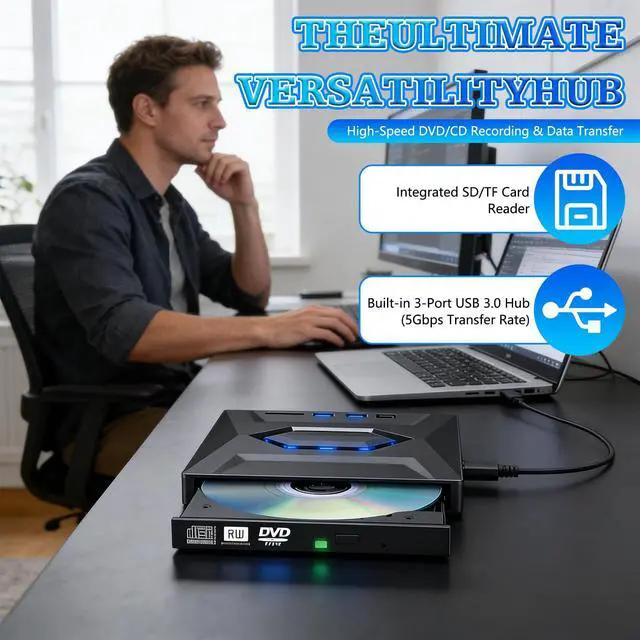 Alt view image 2 of 7 - External Blu-ray Drive Portable BD/DVD/CD Burner Writer Reader with USB Hub & SD/TF Card Reader with 3 USB Ports Hub & SD/TF Card Readers, 6X Blu-ray Optical Drive for Laptop Desktop