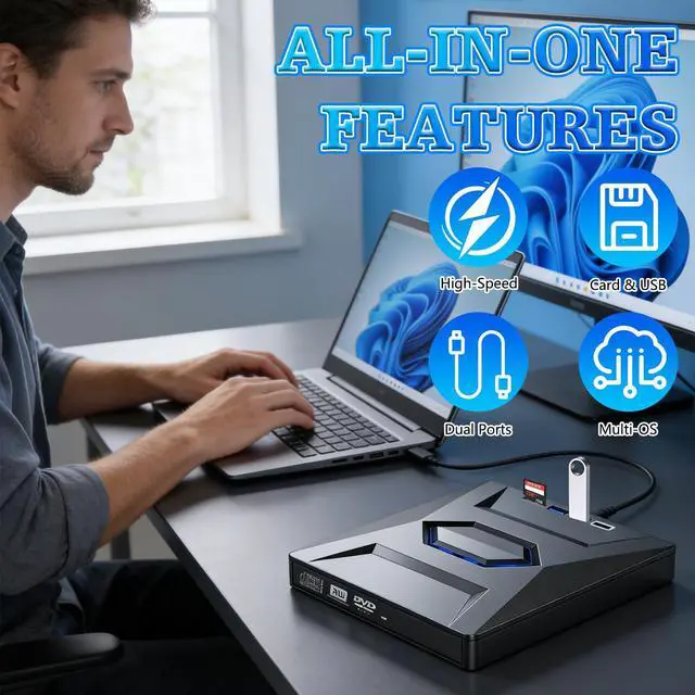 Alt view image 4 of 7 - External Blu-ray Drive Portable BD/DVD/CD Burner Writer Reader with USB Hub & SD/TF Card Reader with 3 USB Ports Hub & SD/TF Card Readers, 6X Blu-ray Optical Drive for Laptop Desktop