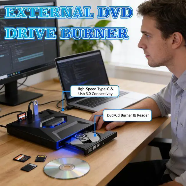 Alt view image 5 of 7 - External Blu-ray Drive Portable BD/DVD/CD Burner Writer Reader with USB Hub & SD/TF Card Reader with 3 USB Ports Hub & SD/TF Card Readers, 6X Blu-ray Optical Drive for Laptop Desktop