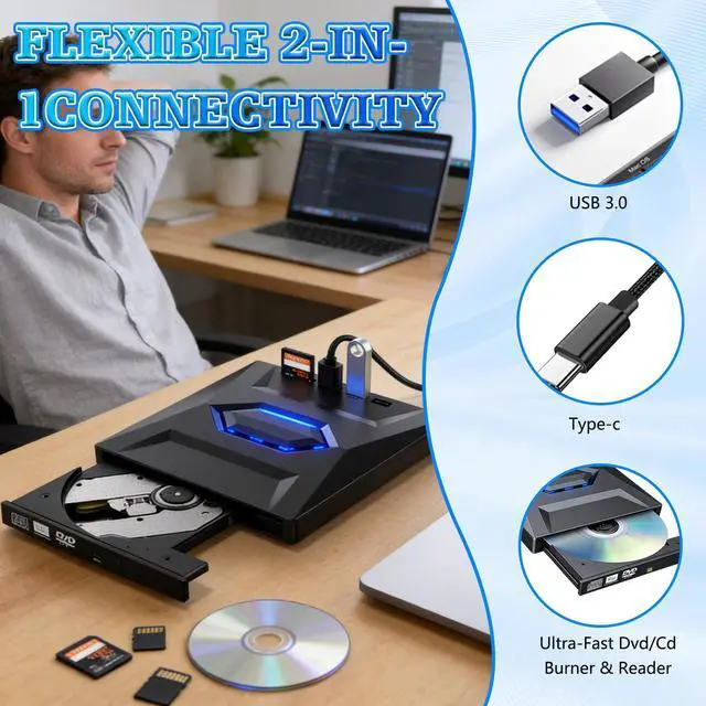 Alt view image 6 of 7 - External Blu-ray Drive Portable BD/DVD/CD Burner Writer Reader with USB Hub & SD/TF Card Reader with 3 USB Ports Hub & SD/TF Card Readers, 6X Blu-ray Optical Drive for Laptop Desktop