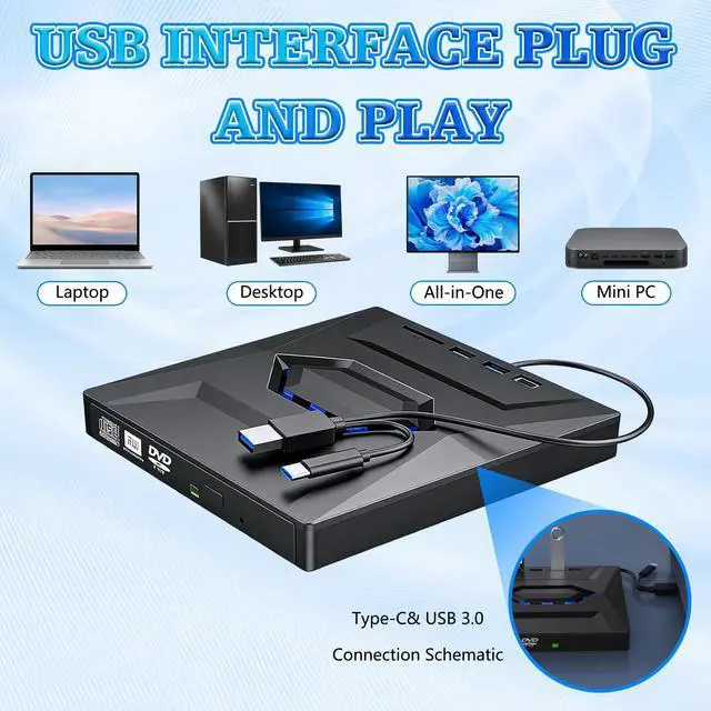 Alt view image 7 of 7 - External Blu-ray Drive Portable BD/DVD/CD Burner Writer Reader with USB Hub & SD/TF Card Reader with 3 USB Ports Hub & SD/TF Card Readers, 6X Blu-ray Optical Drive for Laptop Desktop