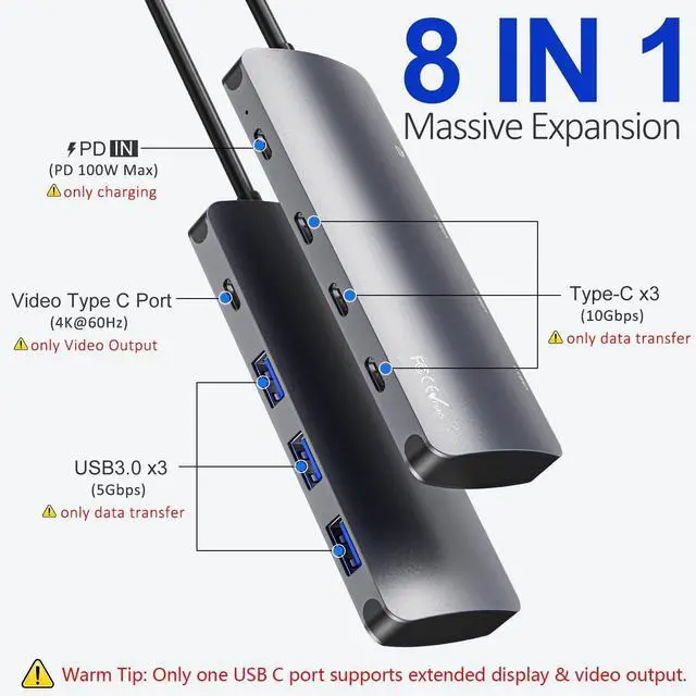Alt view image 2 of 7 - USB C Hub 8 in 1, USB C Video Output Hub with 4K@60Hz, 10Gbps USB C Splitter, 100W PD Charging, Data Transfer, USBC Hub Multiport Adapter for MacBook, iPad Pro, More Type C Devices