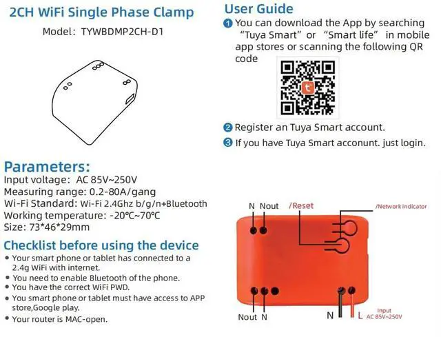 Alt view image 2 of 3 - WiFi Smart Power Meter with 2pcs 80A Current Transformer Clamp,Tuya app 2-Way Bilateral Monitor Real Time KWh Eenrgy Electricity Voltage Statistics.